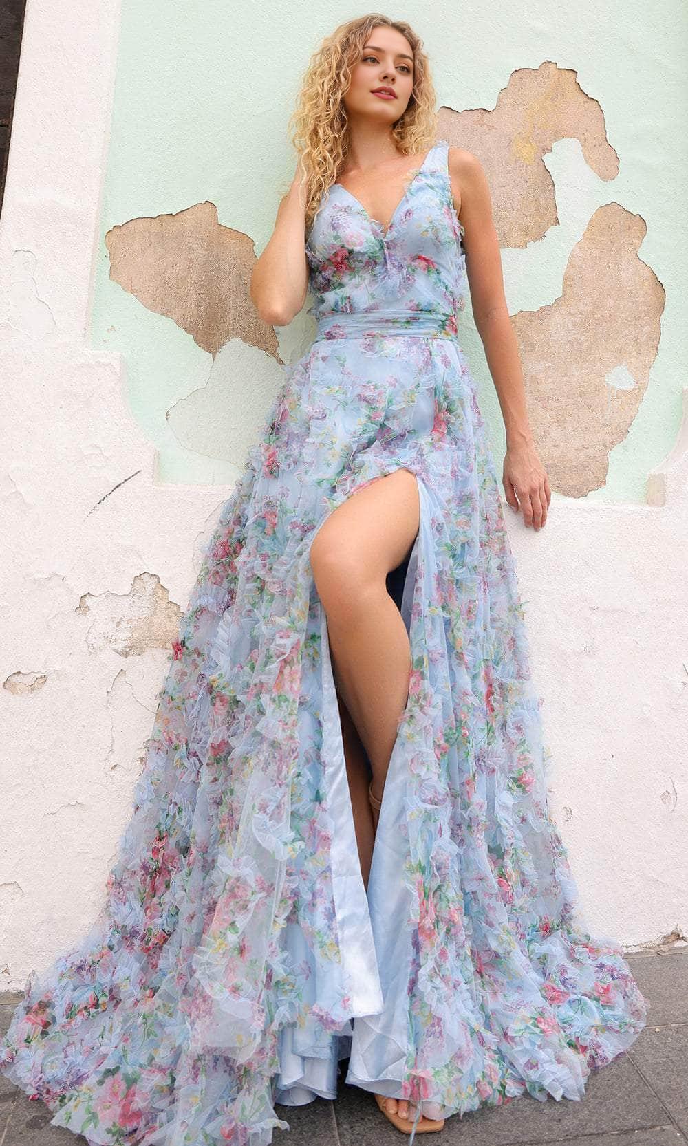 Weitese Formal Women's Dresses Floral Print Ruffles V Neck Prom Dress A-Line Floor Length With Hight Slit Prom Dress Prom Dresses Stores